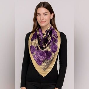 2244- Women’s Floral Scarf Purple & Cream  NWT 34.5”x34.5” NWT